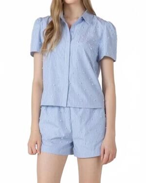 NEW DEX CLOTHING women's pearl detail button up shirt in blue